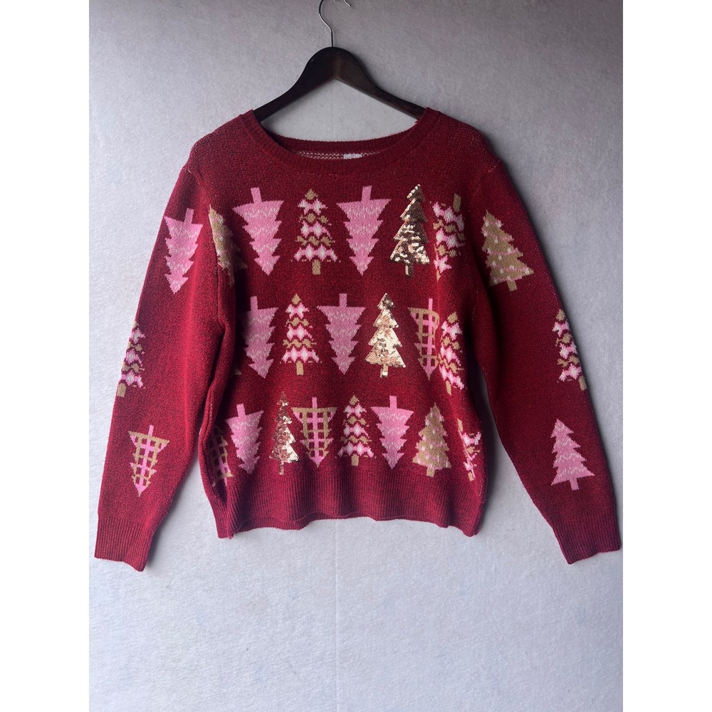 Holiday Time Red Christmas Tree Sequin Sweater XL Pink Gold Festive Crewneck